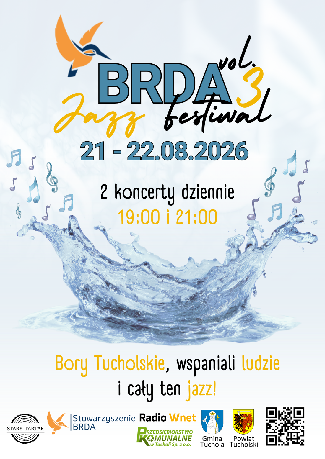 Plakat BRDA Jazz Festiwal 2026 — 21-22 sierpnia 2026, 2 koncerty dziennie o 19:00 i 21:00